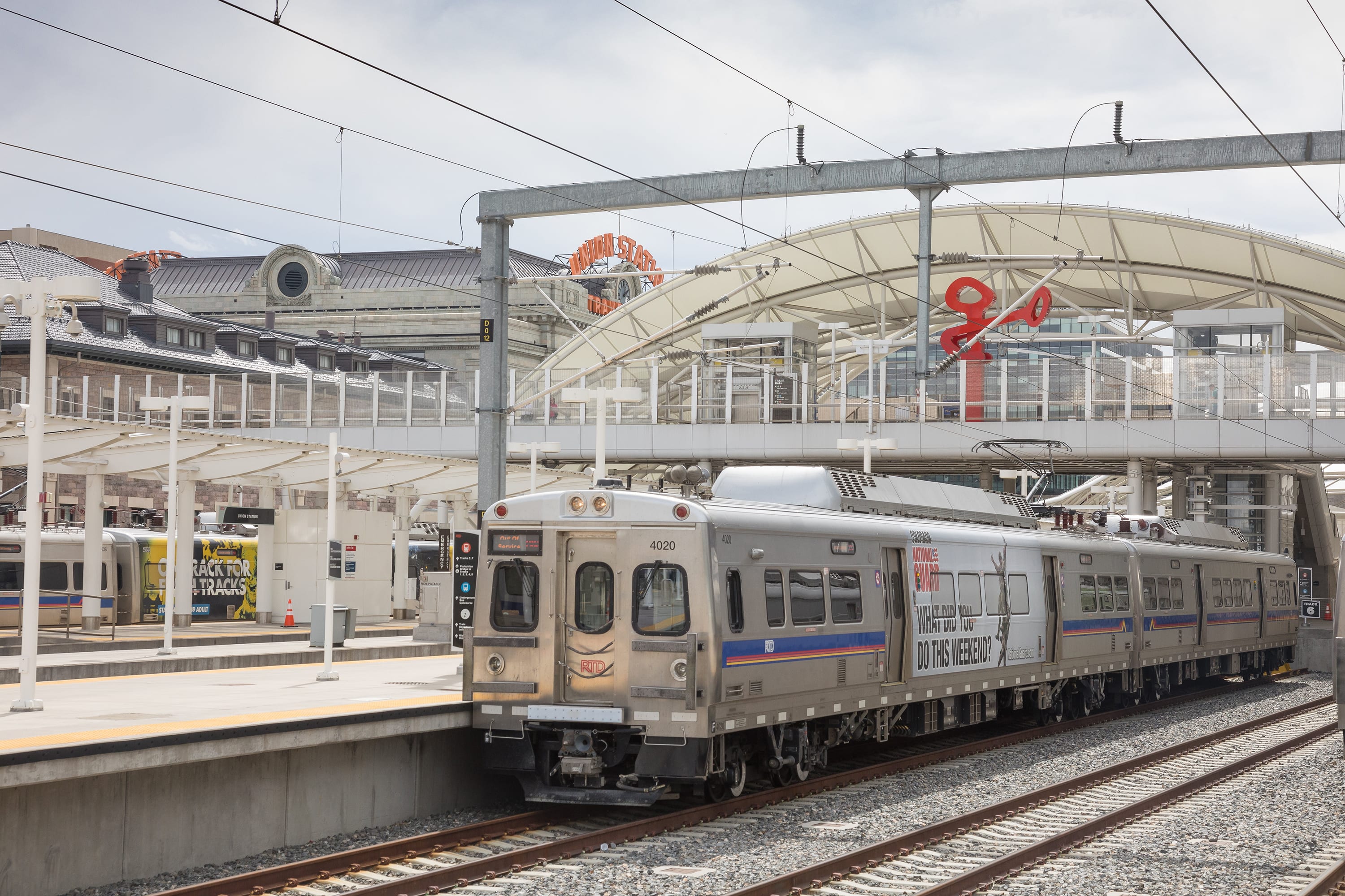 The commuter rail is parked at Union Station