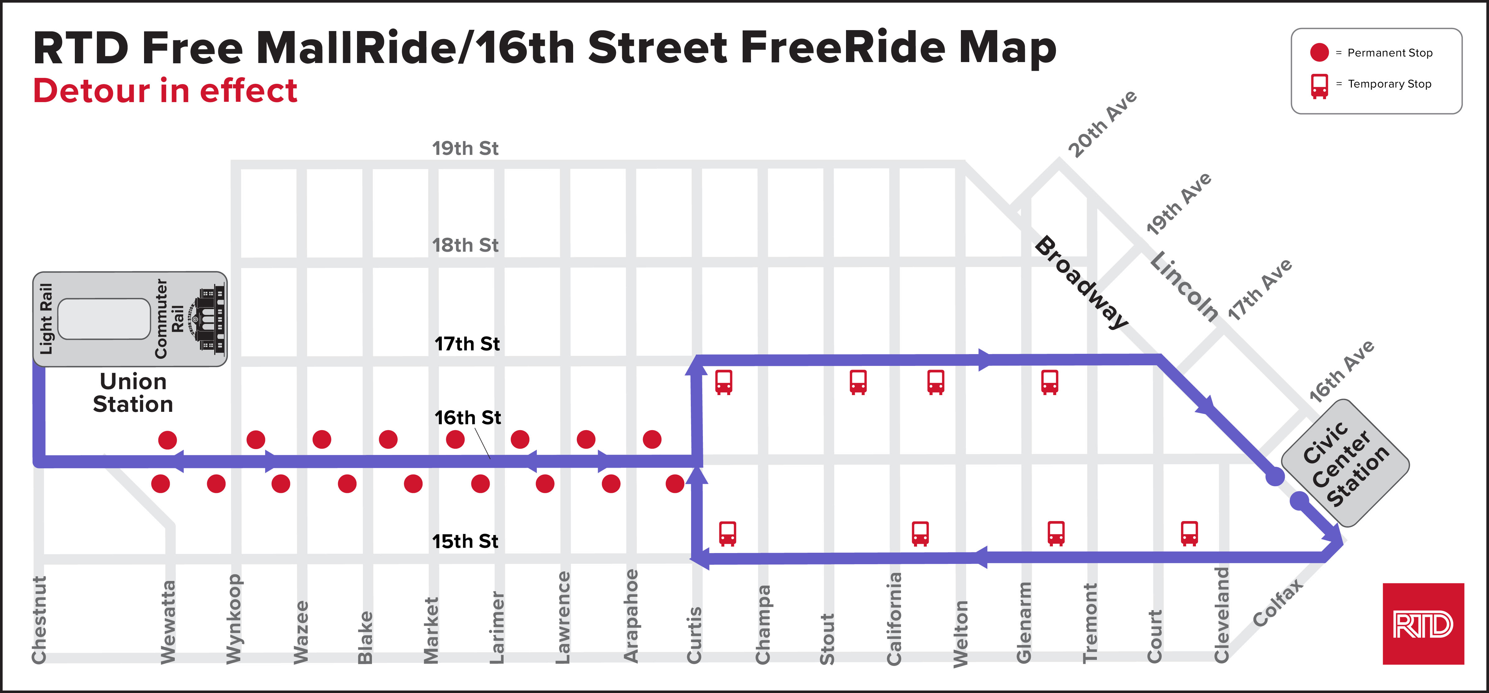 Map of Free MallRide/16th Street FreeRide detour showing stops at every block along 16th Street between Wewatta and Curtis streets, and stops on 15th and 17th streets at every other block between Curtis and Civic Center Station.