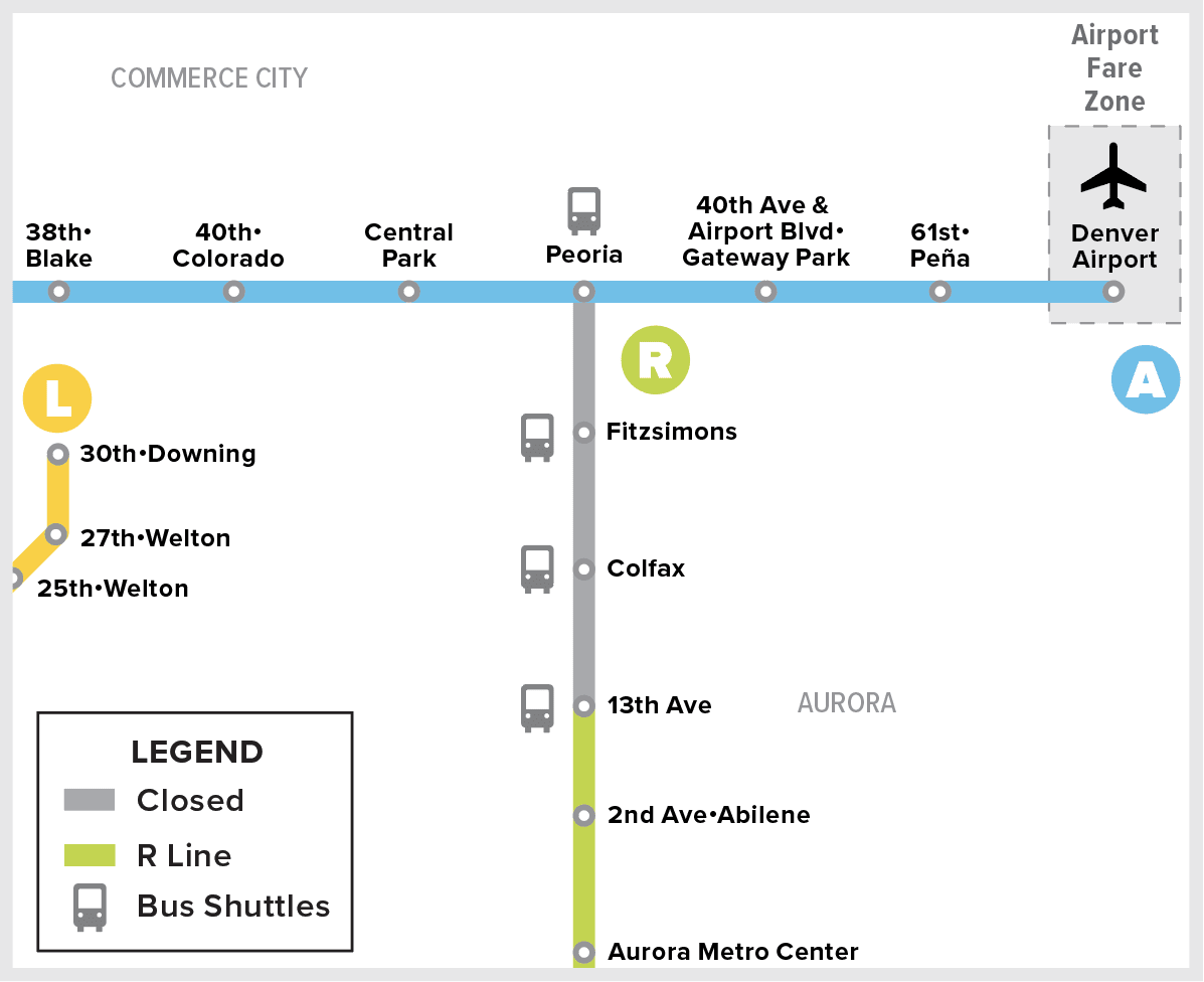Rail map shows bus shuttle serving the R Line at the Peoria, Fitzsimons, Colfax and 13th Ave stations.