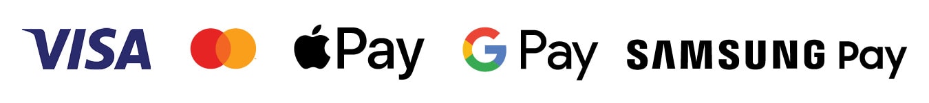 Payment options of Visa, Mastercard, Google Pay, Apple Pay, and Samsung Pay
