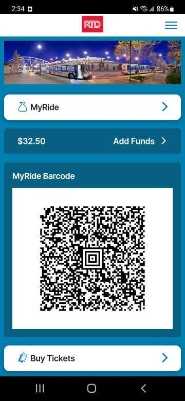 Screenshot of phone showing the MyRide barcode.