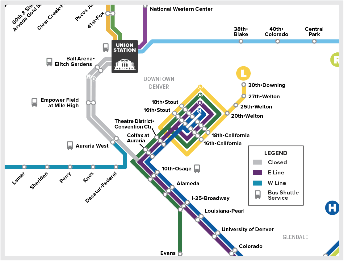 RTD Rail Map showing bus shuttles replacing E and W trains at Union Station, Ball Arena•Elitch Gardens, Empower Field at Mile High, Auraria West, and 10th•Osage.