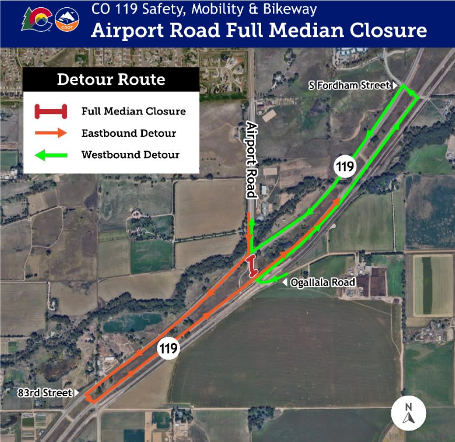 A map showing a detour during construction on the Airport Road median on CO 119