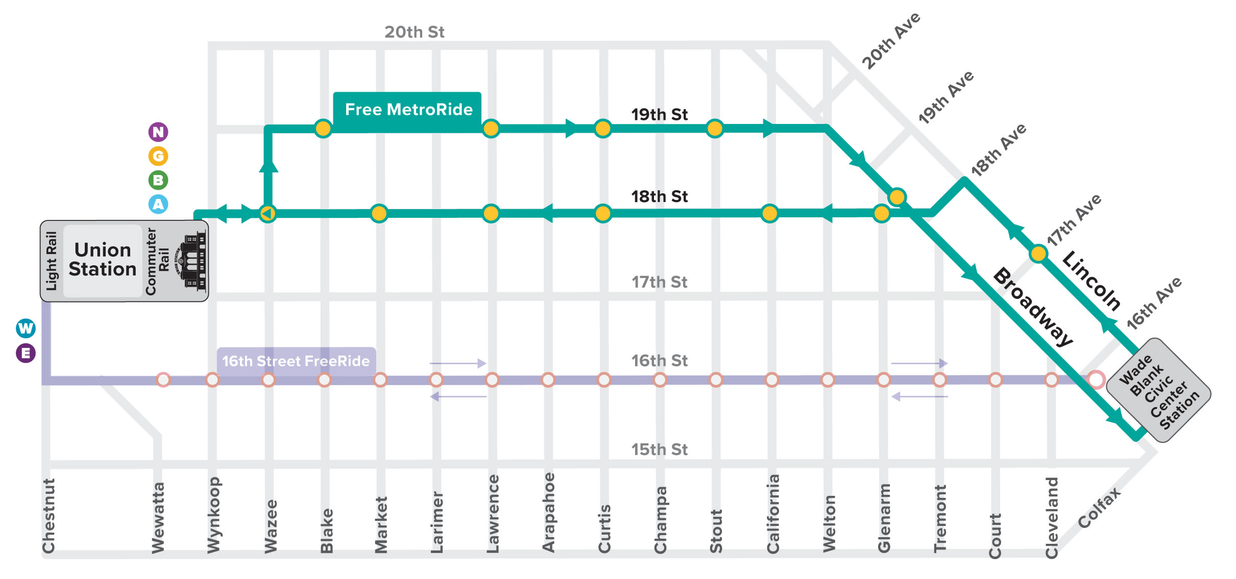 RTD Free MetroRide Map shows pattern between Wade Blank Civic Center Station and Union Station. Bus operates on Lincoln and 18th to Union Station, and on 19th and Broadway to Wade Blank Civic Center Station.