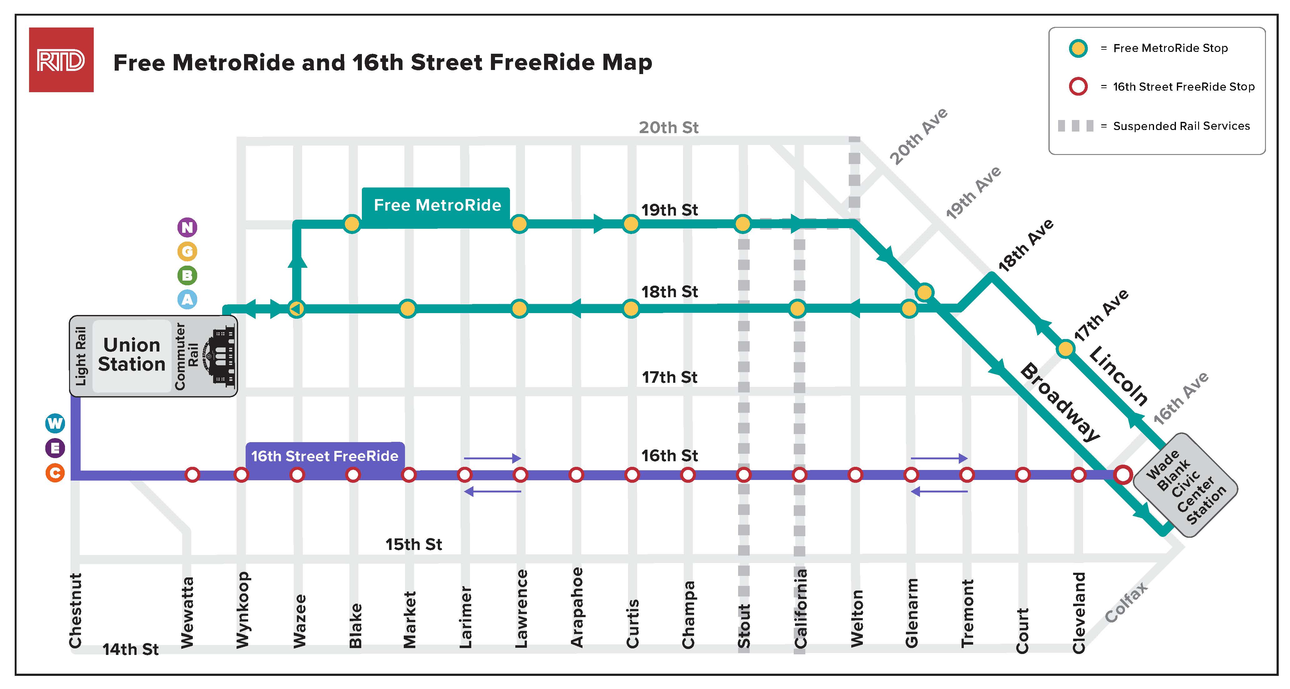 Map shows routes and stops for Free MetroRide and 16th Street FreeRide.