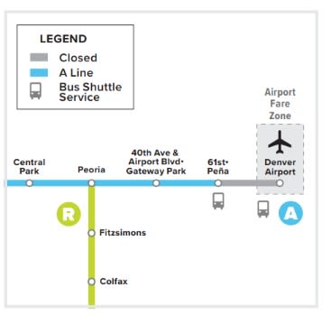 A map showing bus shuttle service between 61st-Pena and Denver Airport stations during maintenance