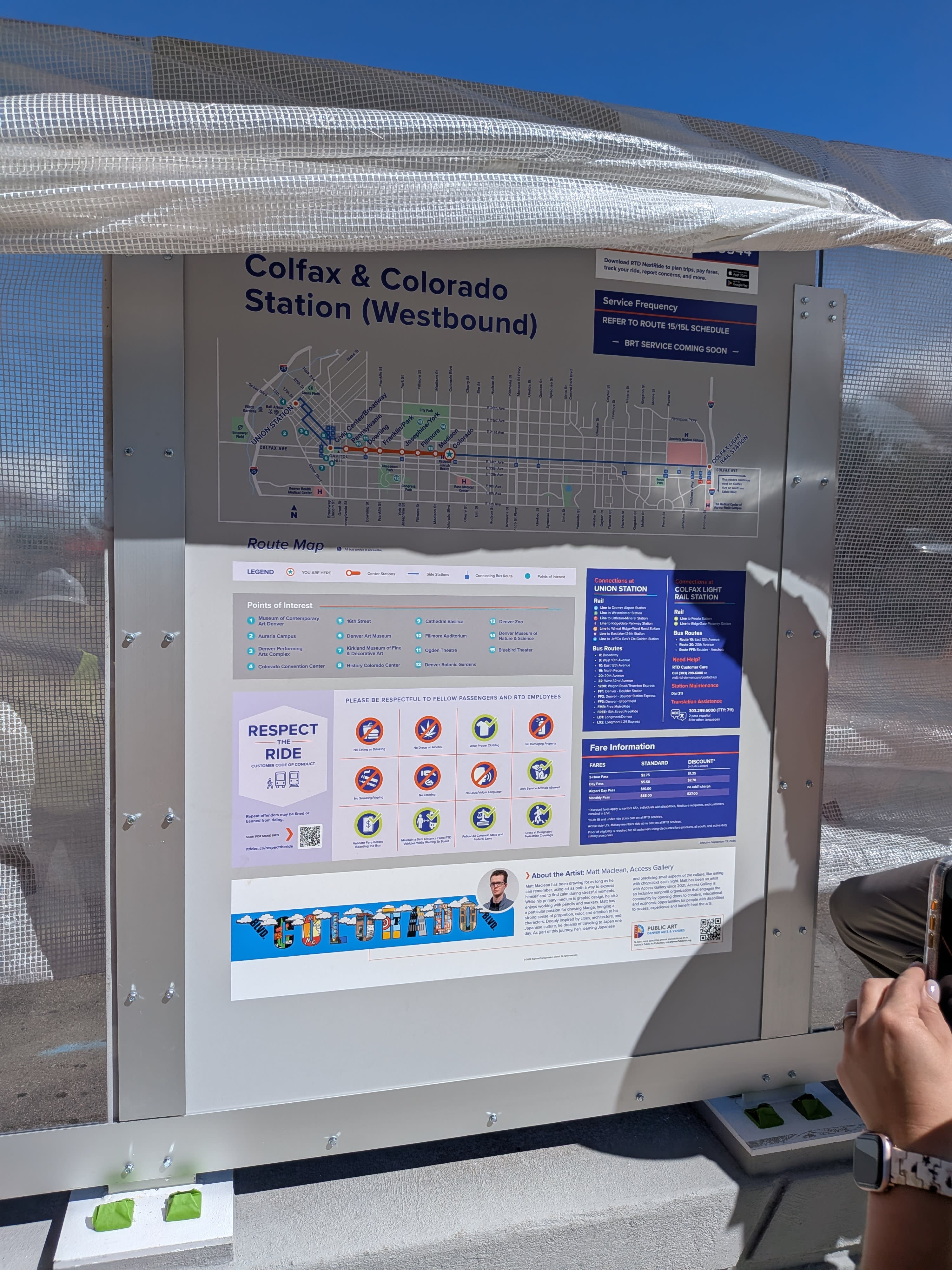 A photo of a 15/15L route map at the westbound Colfax and Colorado Station