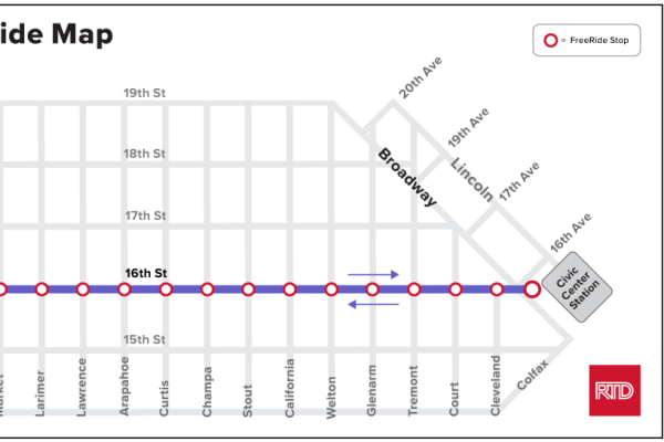 Map showing 16th Street FreeRide operating along 16th Street between Union Station and Civic Center Station, with stops at every block/intersection... thumbnail