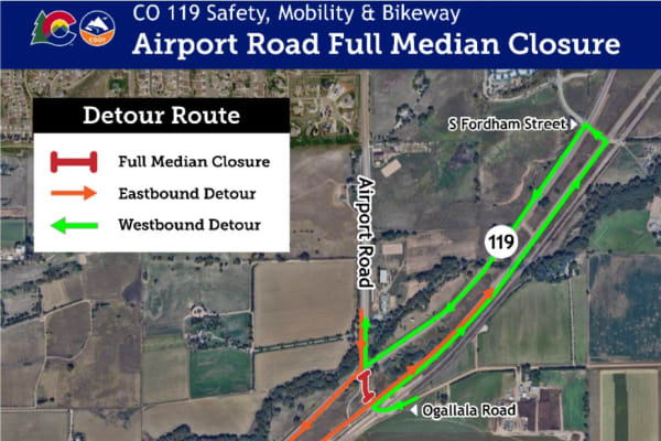 A map showing a detour during construction on the Airport Road median on CO 119 thumbnail