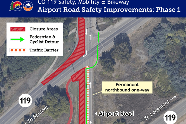 A map showing a detour during CO 119 BRT Airport Road Safety Improvements thumbnail