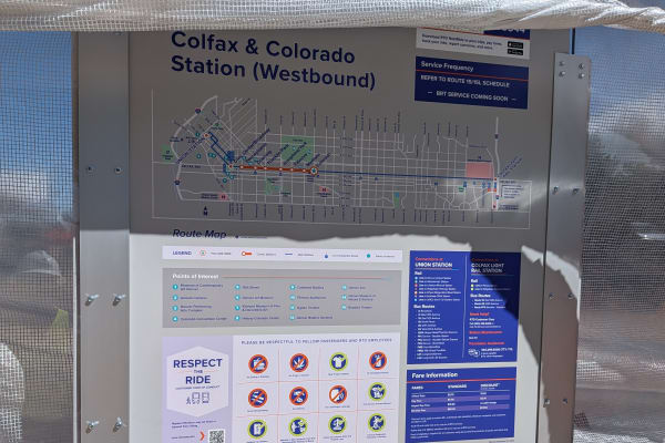 A photo of a 15/15L route map at the westbound Colfax and Colorado Station thumbnail