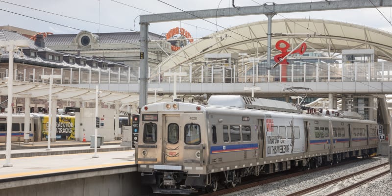 The commuter rail is parked at Union Station