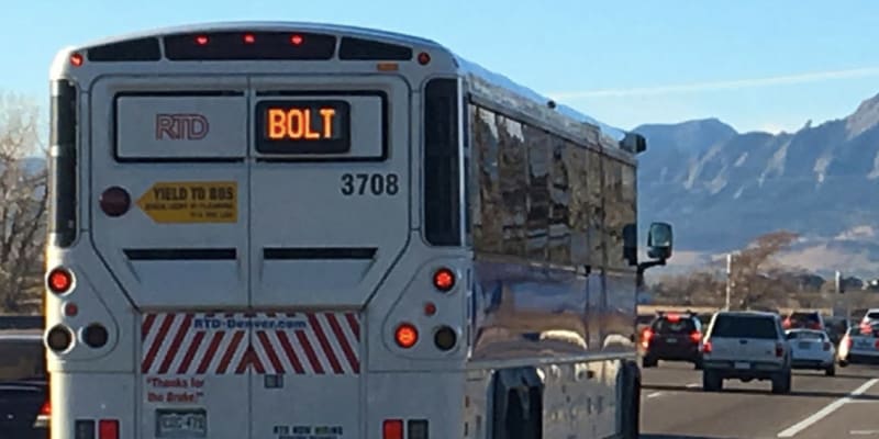 The BOLT bus on the diagonal highway going towards Boulder