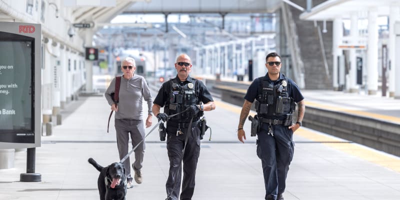 RTD-PD officers patrol Denver Union Station's rail platform.