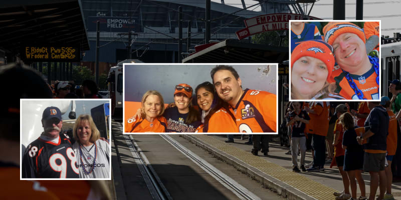Pictures of three different RTD employees in Broncos gear overlayed on a photo of a light rail train approaching station with football stadium behind.