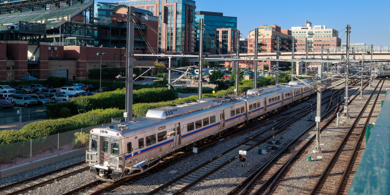 An aerial view of an A Line train at Denver Union Station