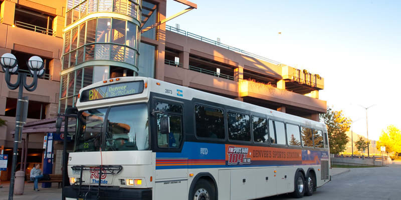 Photo of an RTD bus outside the customer plaza at the Table Mesa Park-n-Ride