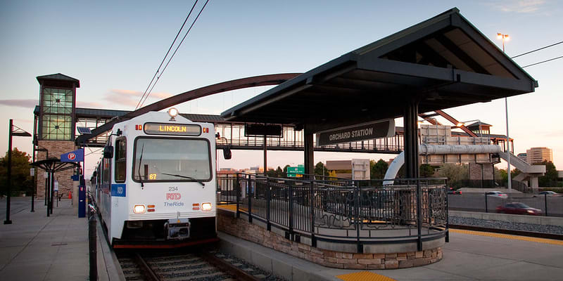 Photo of an RTD light rail train at Orchard Station