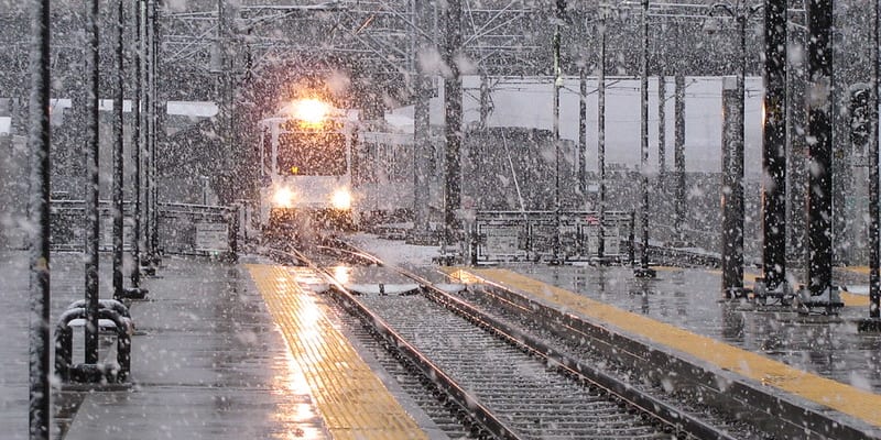 Light rail train in the snow