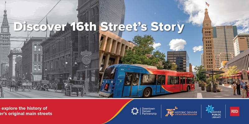 Photos of 16th Street past and present along with a QR code to explore the history of 16th Street.