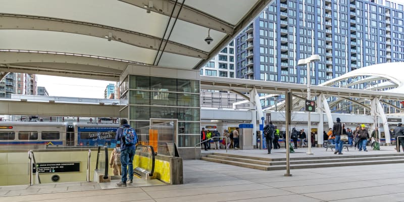 A photo of customers on the train platform at Denver Union Station.