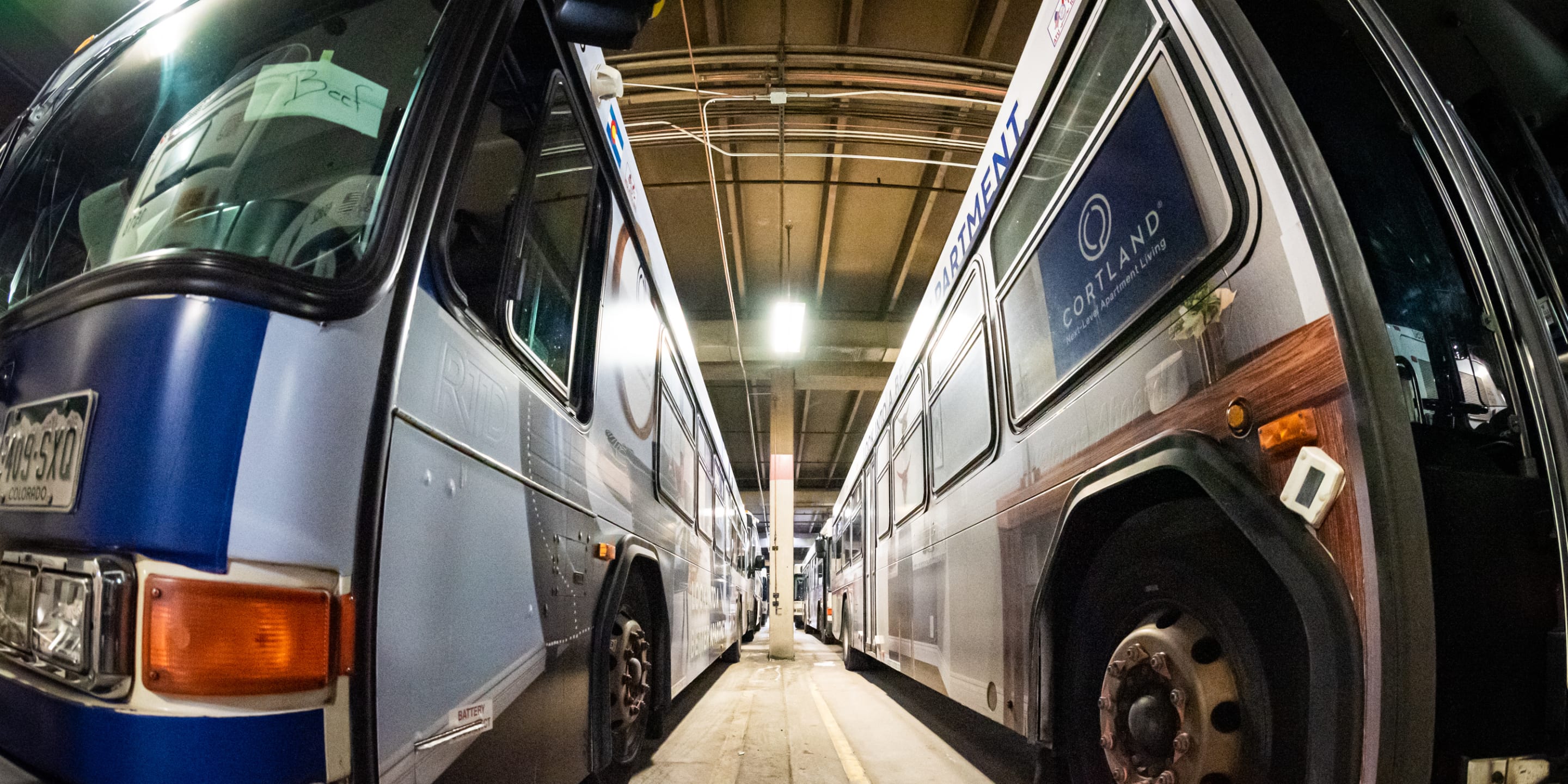 Photo of two buses side by side parked in a facility