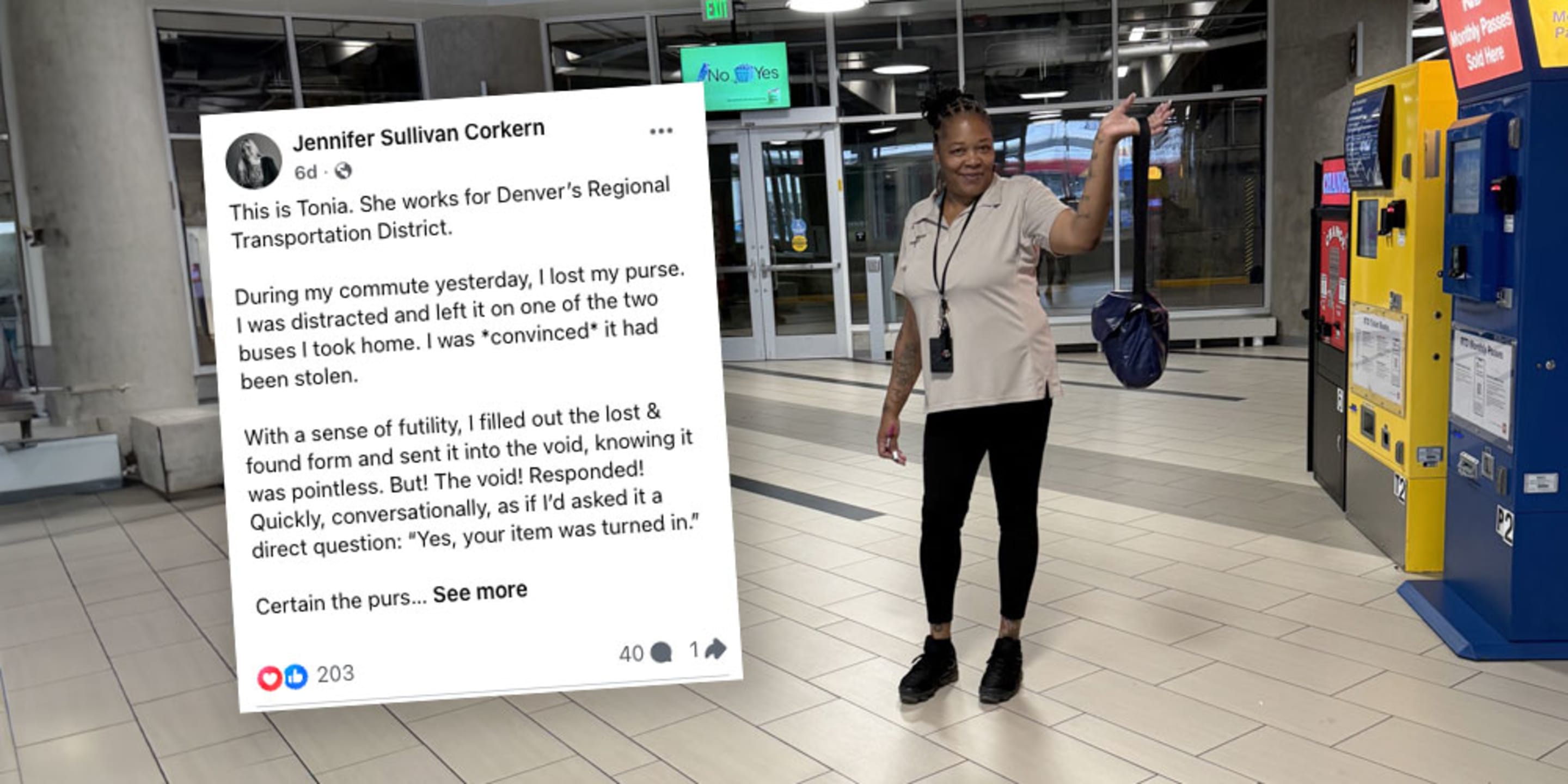 Tonia White standing in Civic Center Station with a purse