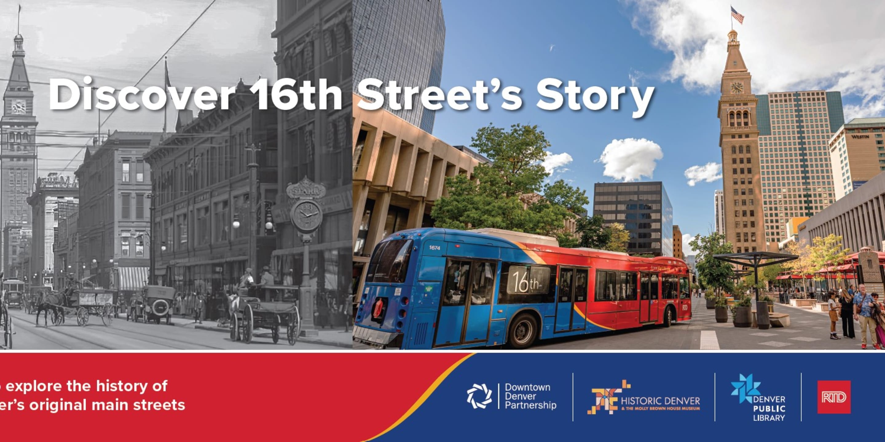 Photos of 16th Street past and present along with a QR code to explore the history of 16th Street.