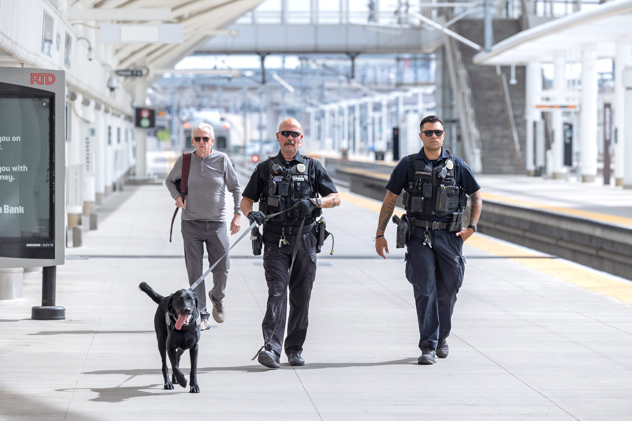 RTD-PD officers patrol Denver Union Station's rail platform.