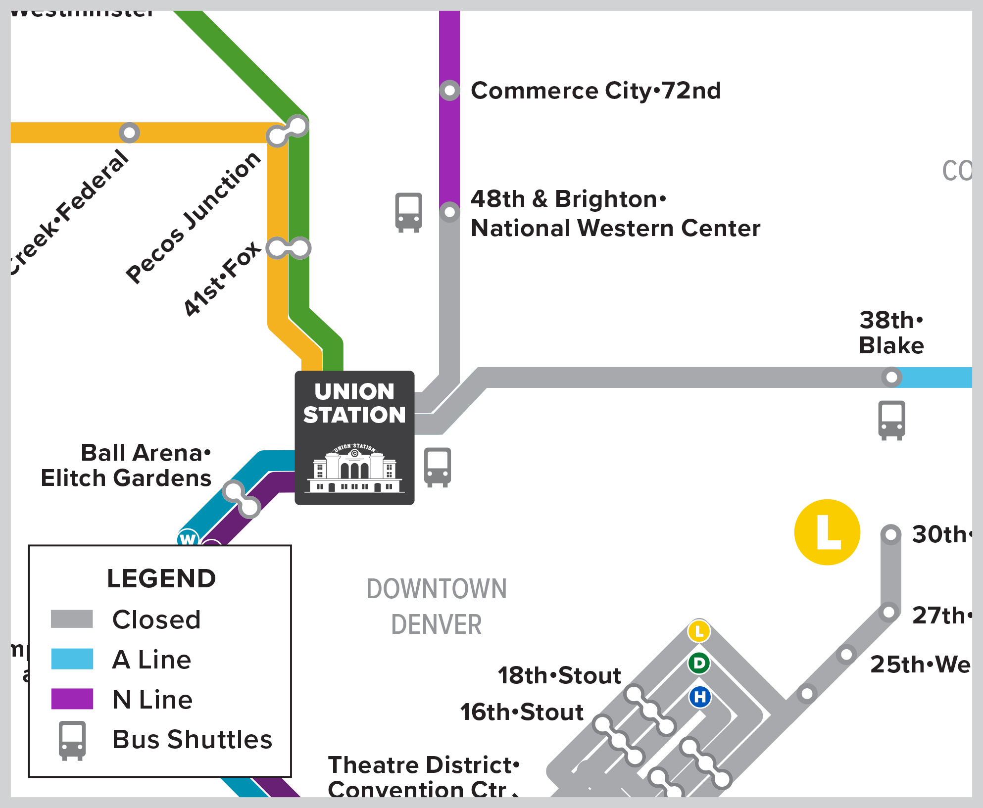 Mapa ferroviario que muestra las lanzaderas de autobús que sustituyen al servicio ferroviario de la línea N entre Union Station y 48th/Brighton el 18/10 desde el inicio del servicio hasta las 15.00 horas, y el 21/10 desde el inicio del servicio hasta las 13.00 horas. Shulltes sustituyendo a los trenes de la línea A entre Union Station y 38th/Blake el 18/10 desde el inicio del servicio hasta las 15.00 horas.