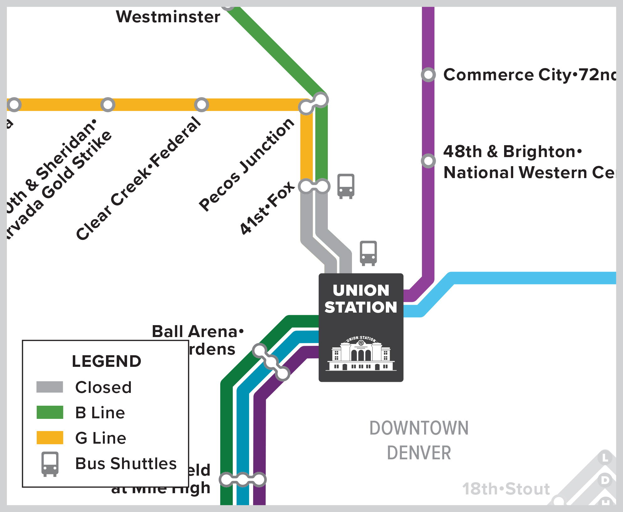 RTD Rail Map shows bus shuttles serving Union Station and 41st-Fox during rail disruption on October 22, 2025.