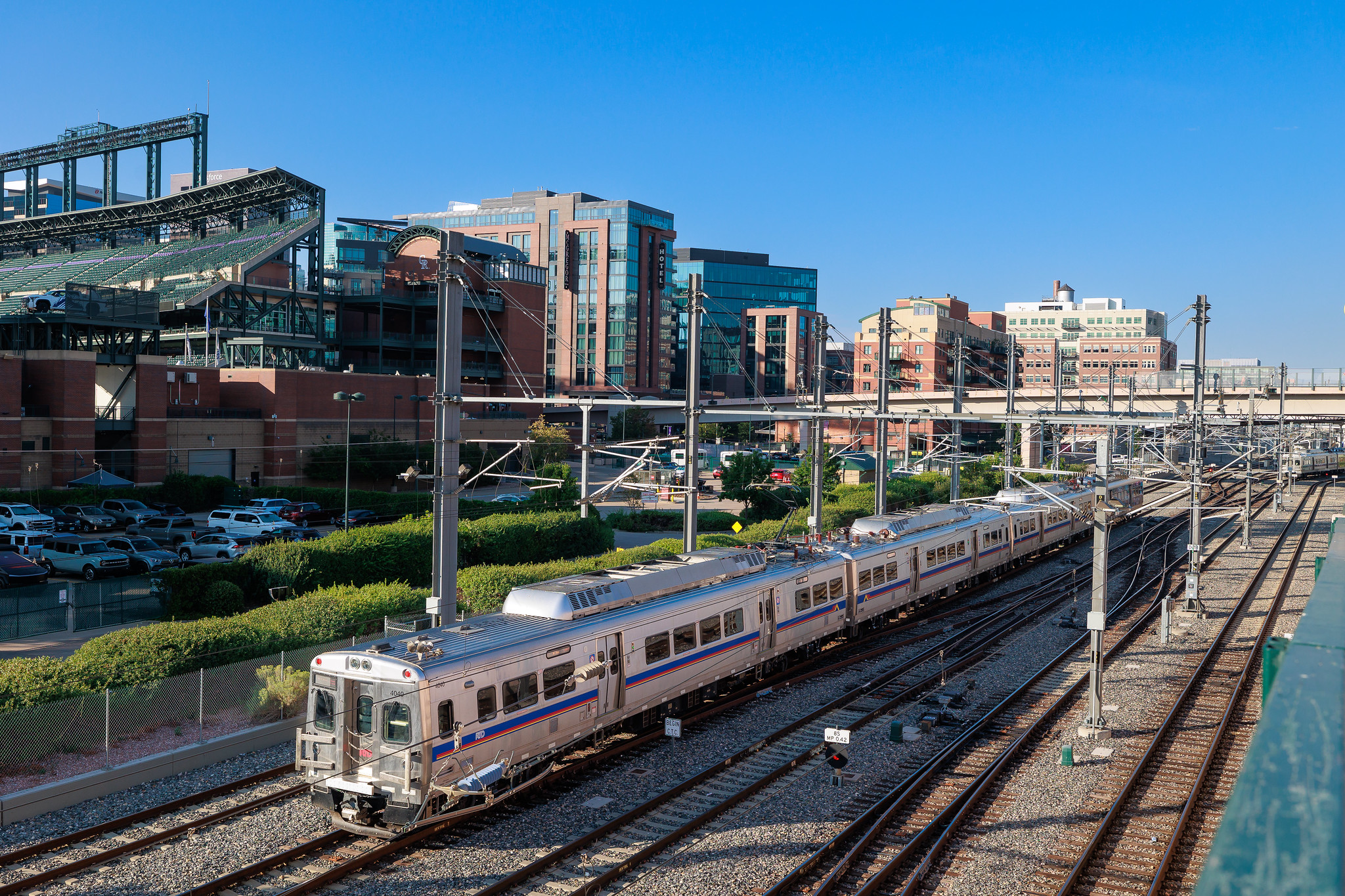An aerial view of an A Line train at Denver Union Station