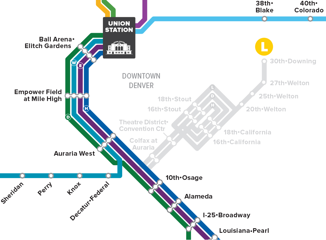 La carte de RTD Rail montre qu'il n'y a pas de service ferroviaire à Colfax à Auraria jusqu'à 30th-Downing.