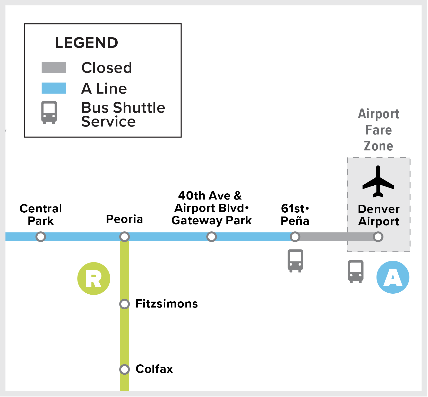Un mapa de la línea muestra los autobuses lanzadera que dan servicio a las estaciones de la 61ª•Peña y del aeropuerto de Denver.