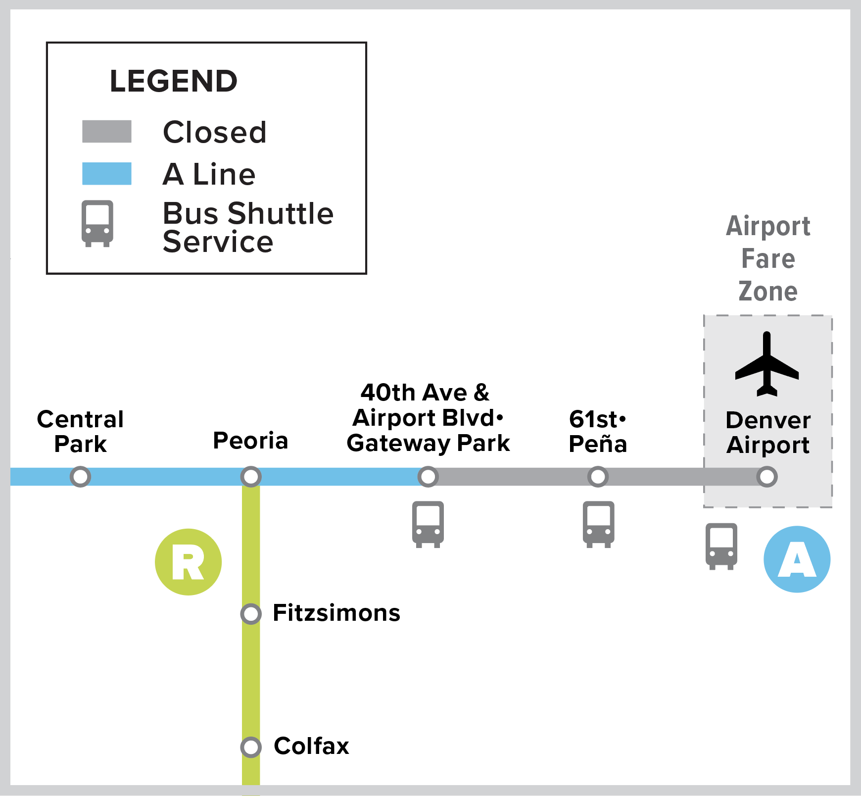 Plan du réseau ferroviaire RTD indiquant les navettes desservant l'aéroport de Denver, ainsi que les stations « 61st•Peña » et « 40th Ave•Gateway Park ».